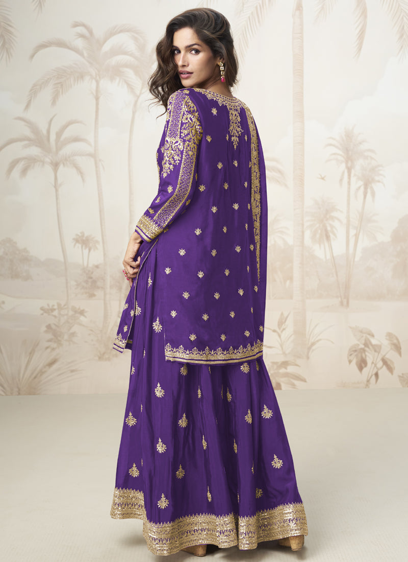 Vegaa Fashion Violet Chinon Silk Embroidered Sharara Suit