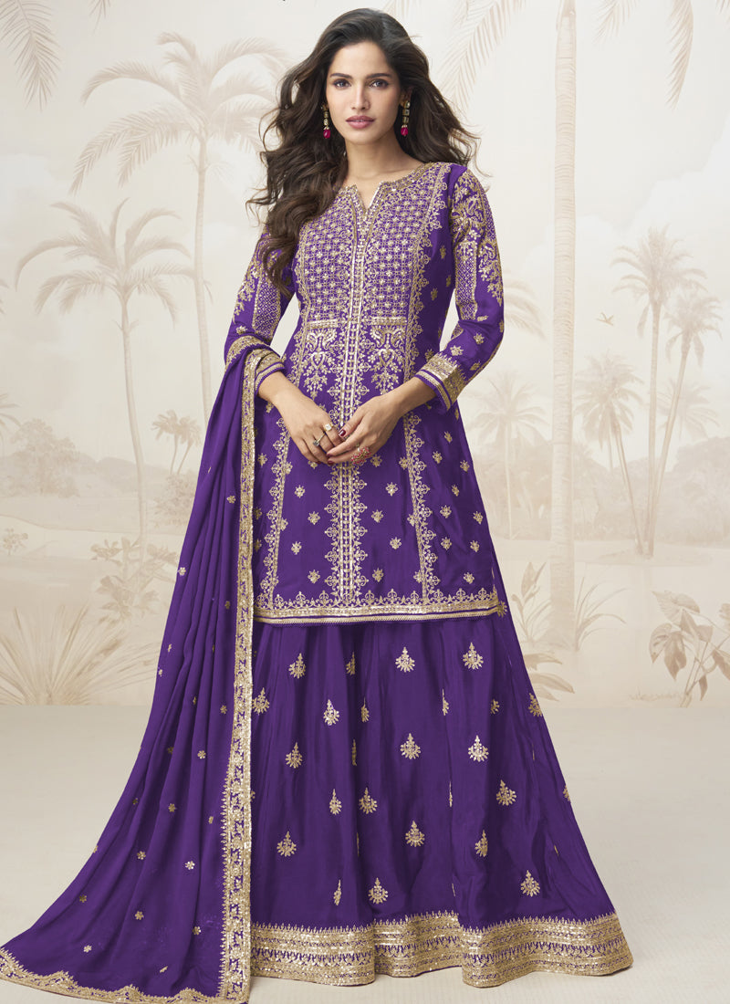 Vegaa Fashion Violet Chinon Silk Embroidered Sharara Suit