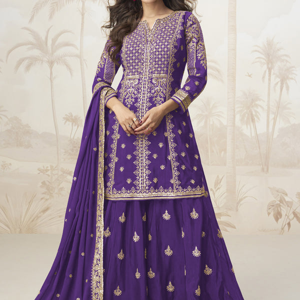 Vegaa Fashion Violet Chinon Silk Embroidered Sharara Suit