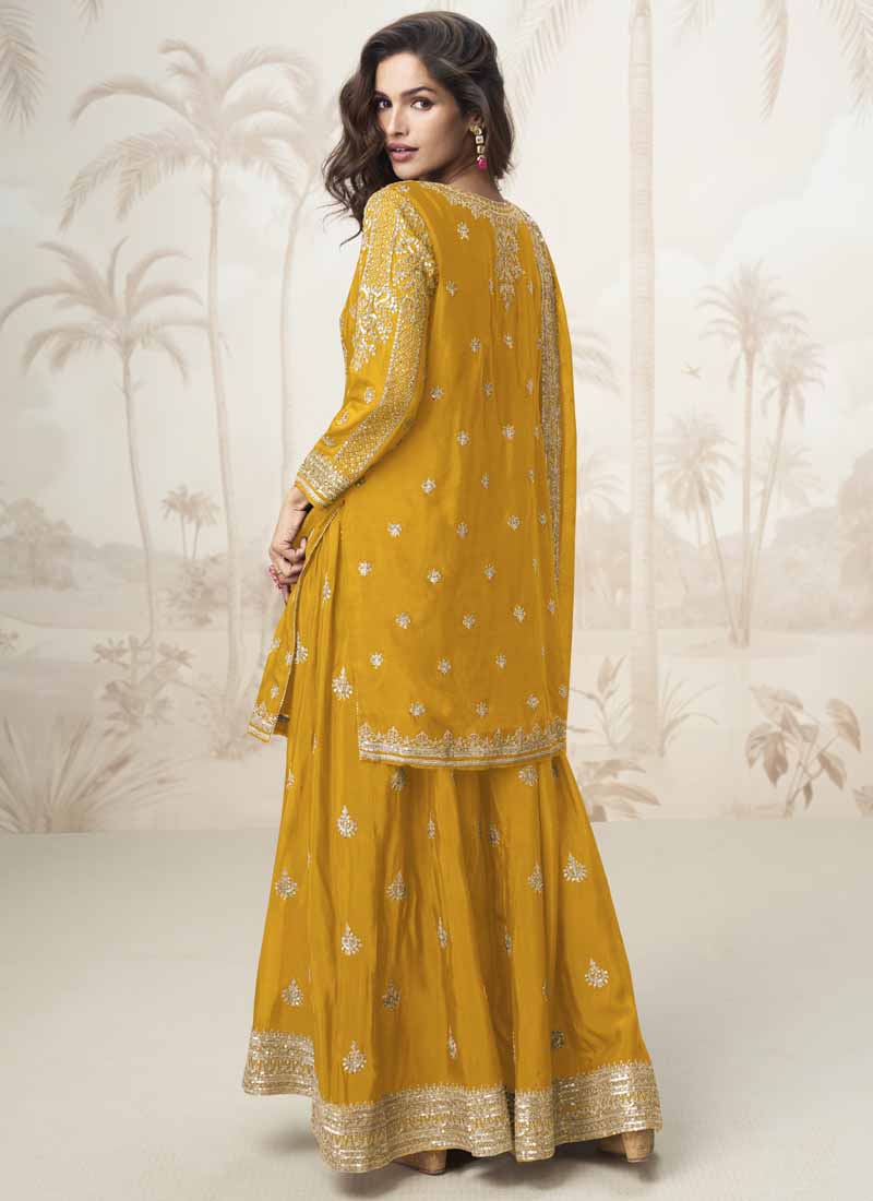 Vegaa Fashion Yellow Chinon Silk Embroidered Sharara Suit
