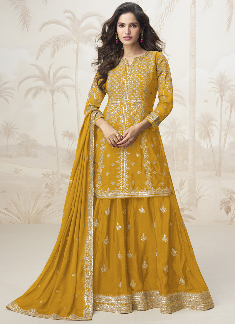 Vegaa Fashion Yellow Chinon Silk Embroidered Sharara Suit