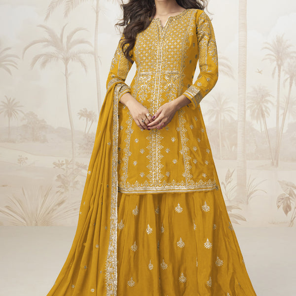 Vegaa Fashion Yellow Chinon Silk Embroidered Sharara Suit