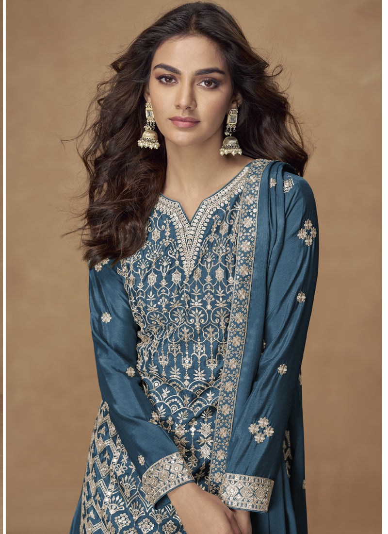 Vegaa Fashion Aqua Blue Chinon Silk Embroidered Sharara Suit