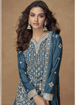 Thumbnail for Vegaa Fashion Aqua Blue Chinon Silk Embroidered Sharara Suit
