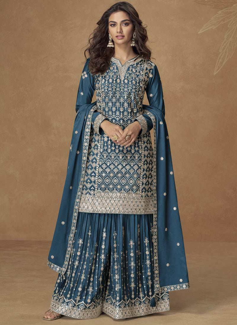 Vegaa Fashion Aqua Blue Chinon Silk Embroidered Sharara Suit
