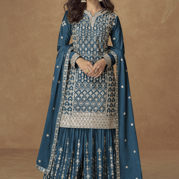Vegaa Fashion Aqua Blue Chinon Silk Embroidered Sharara Suit