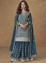 Thumbnail for Vegaa Fashion Aqua Blue Chinon Silk Embroidered Sharara Suit