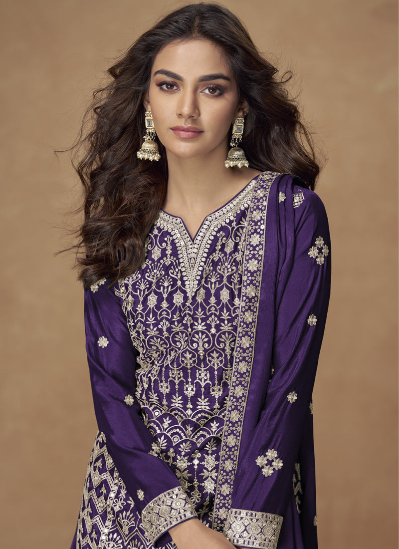 Vegaa Fashion Purple Chinon Silk Embroidered Sharara Suit