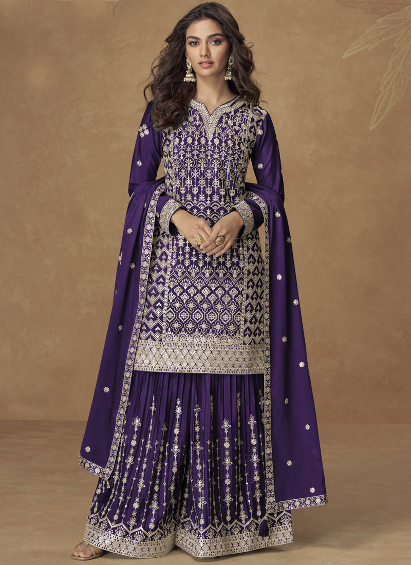 Vegaa Fashion Purple Chinon Silk Embroidered Sharara Suit