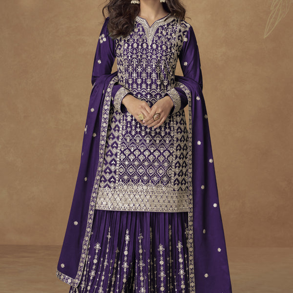 Vegaa Fashion Purple Chinon Silk Embroidered Sharara Suit