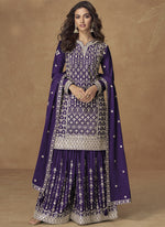 Thumbnail for Vegaa Fashion Purple Chinon Silk Embroidered Sharara Suit