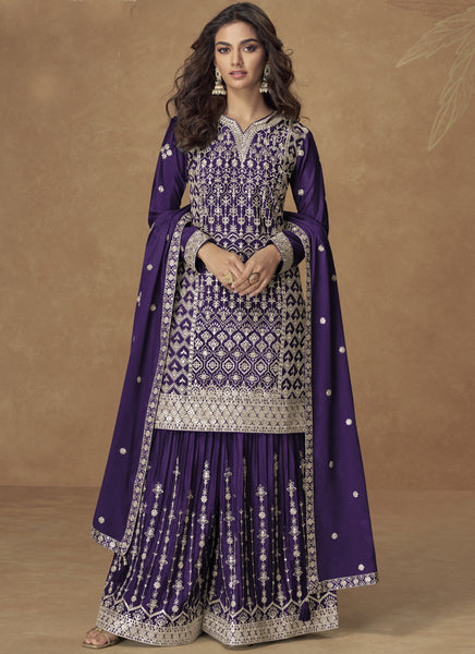 Vegaa Fashion Purple Chinon Silk Embroidered Sharara Suit