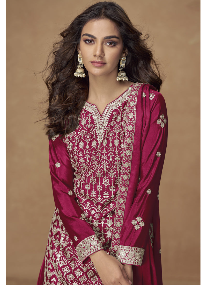 Vegaa Fashion Rani Pink Chinon Silk Embroidered Sharara Suit