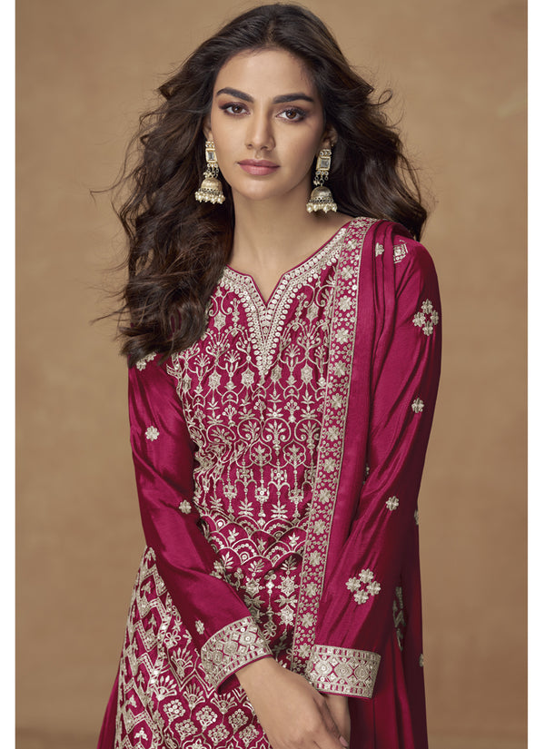 Vegaa Fashion Rani Pink Chinon Silk Embroidered Sharara Suit