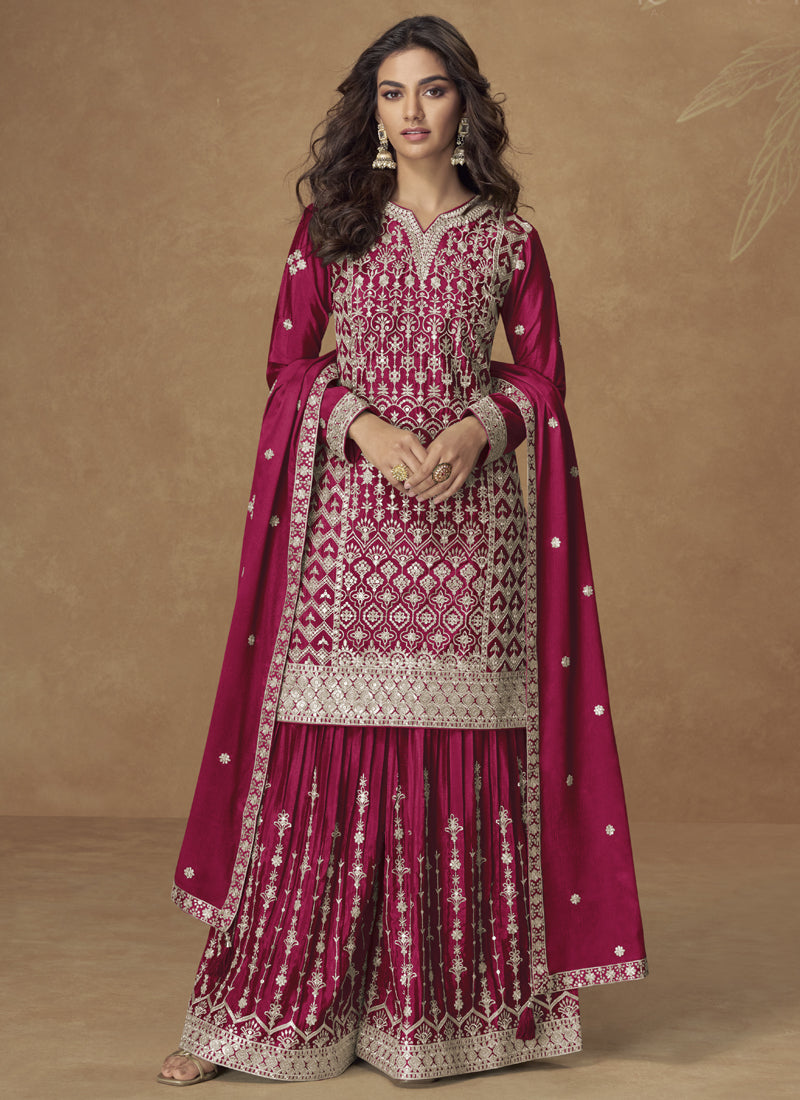 Vegaa Fashion Rani Pink Chinon Silk Embroidered Sharara Suit