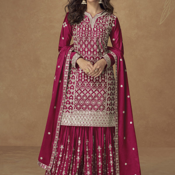 Vegaa Fashion Rani Pink Chinon Silk Embroidered Sharara Suit