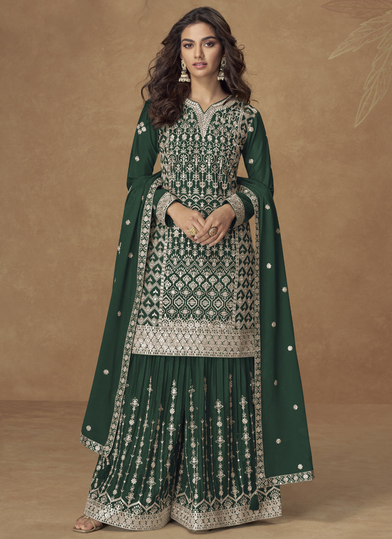 Vegaa Fashion Green Chinon Silk Embroidered Sharara Suit