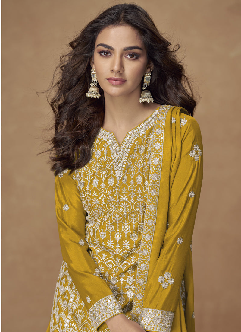 Vegaa Fashion Yellow Chinon Silk Embroidered Sharara Suit