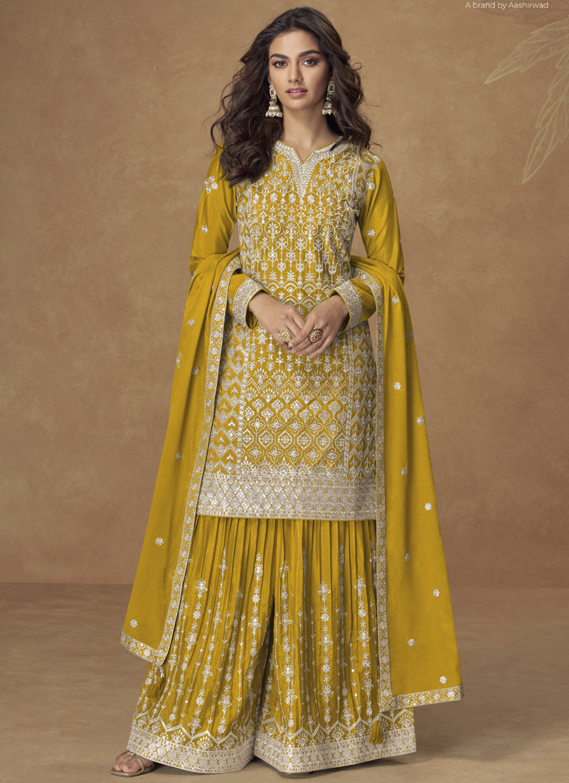 Vegaa Fashion Yellow Chinon Silk Embroidered Sharara Suit