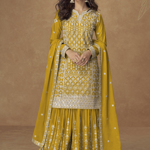 Vegaa Fashion Yellow Chinon Silk Embroidered Sharara Suit