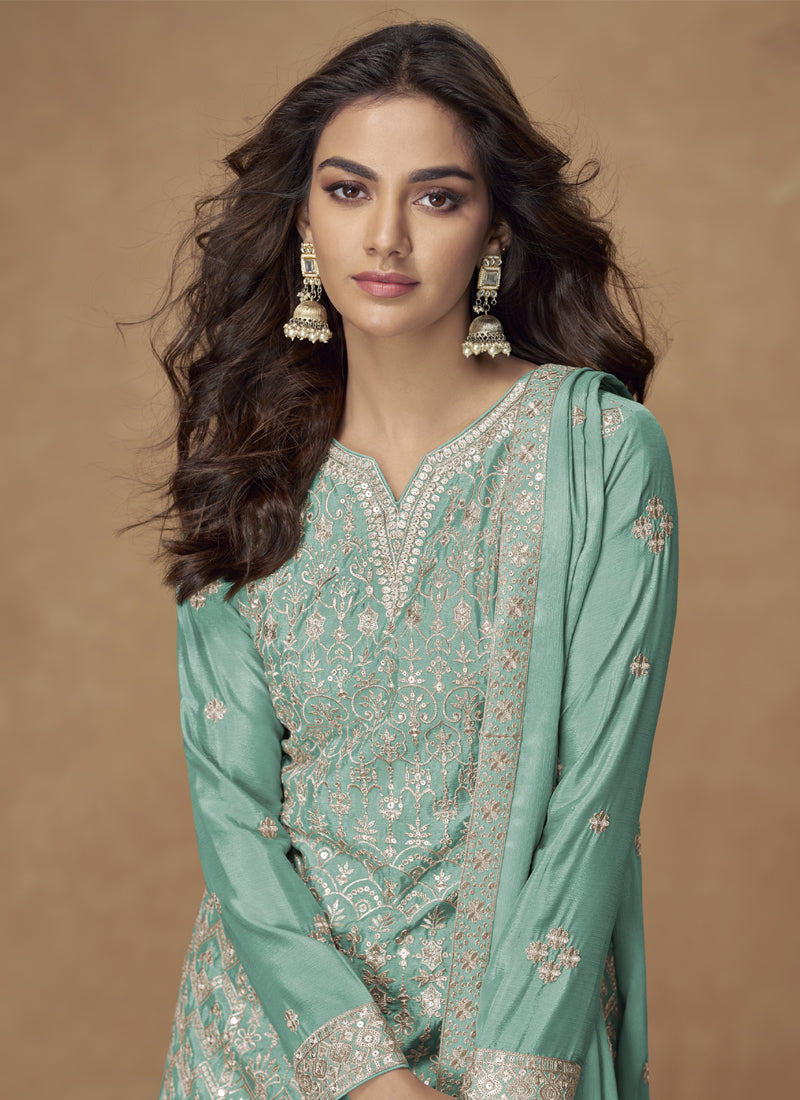 Vegaa Fashion Sea Green Chinon Silk Embroidered Deiigner Palazzo Suit