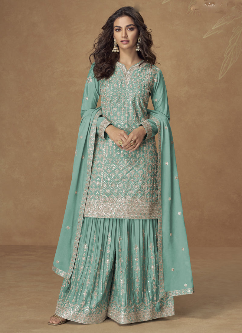 Vegaa Fashion Sea Green Chinon Silk Embroidered Deiigner Palazzo Suit