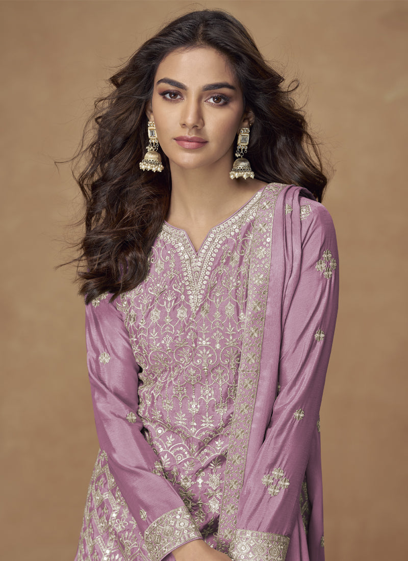 Vegaa Fashion Onion Pink Chinon Silk Embroidered Deiigner Palazzo Suit