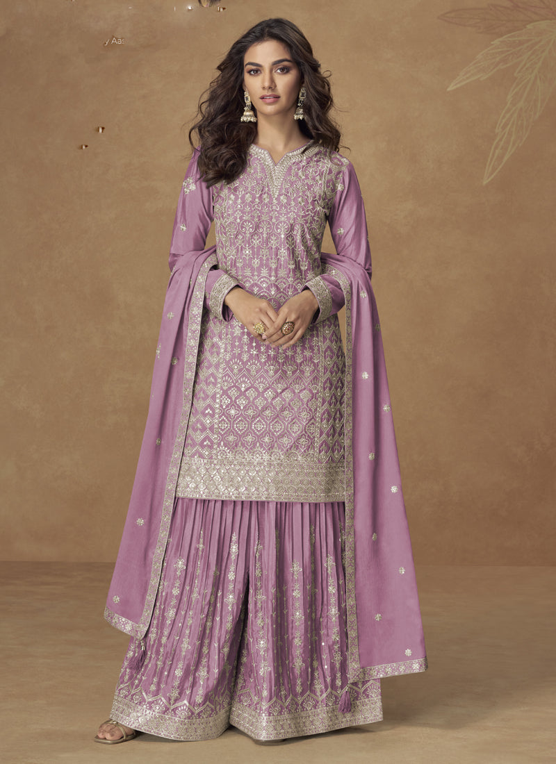 Vegaa Fashion Onion Pink Chinon Silk Embroidered Deiigner Palazzo Suit