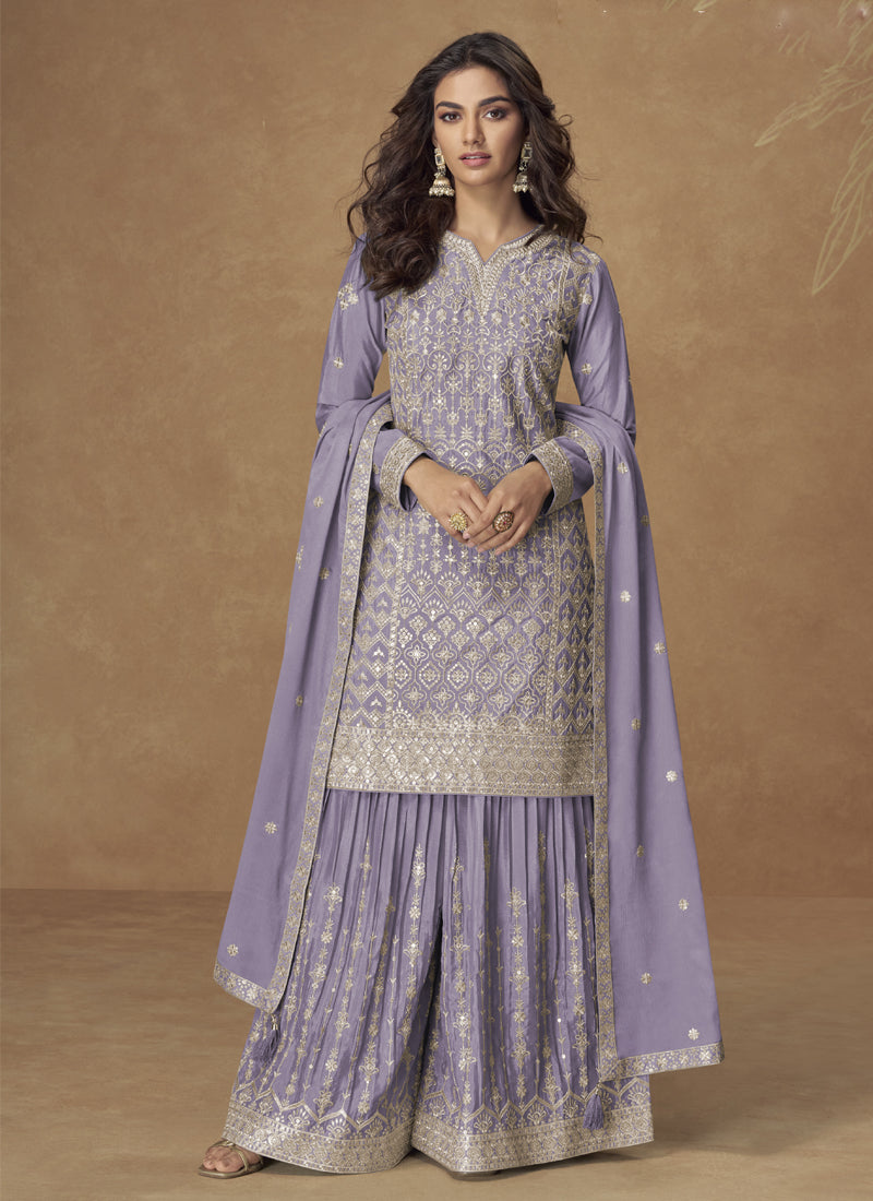 Vegaa Fashion Lavender Chinon Silk Embroidered Deiigner Palazzo Suit