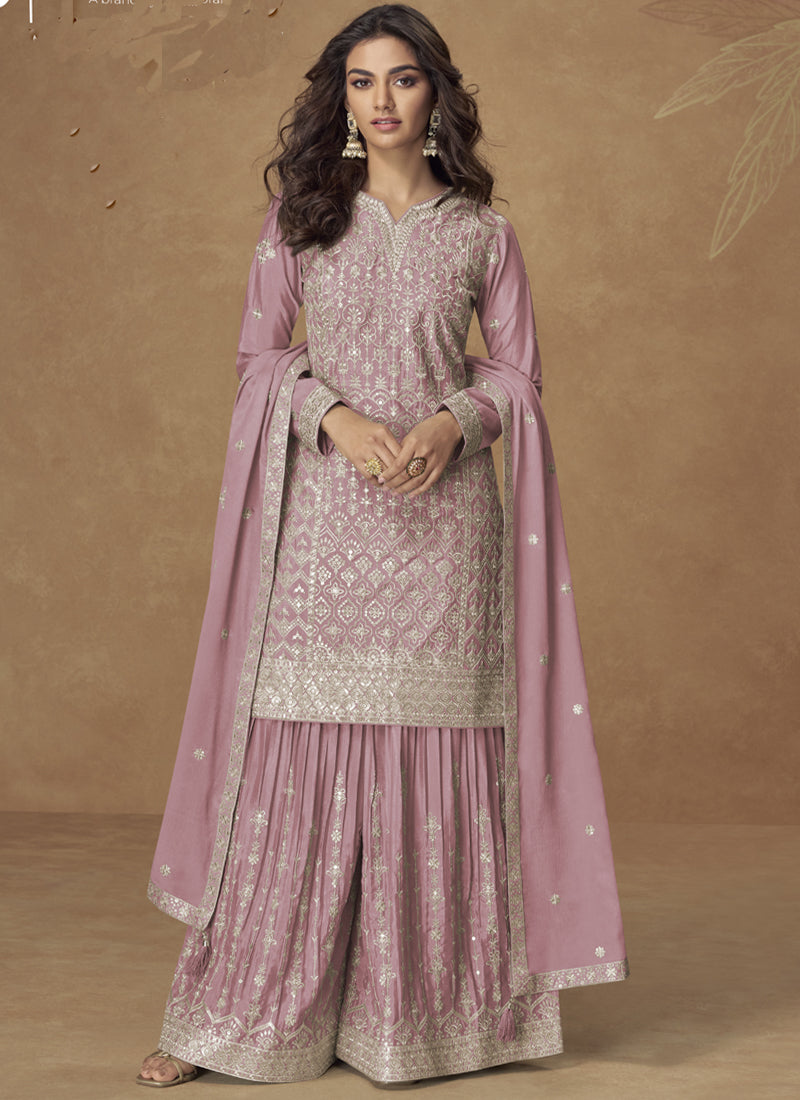 Vegaa Fashion Light Pink Chinon Silk Embroidered Deiigner Palazzo Suit