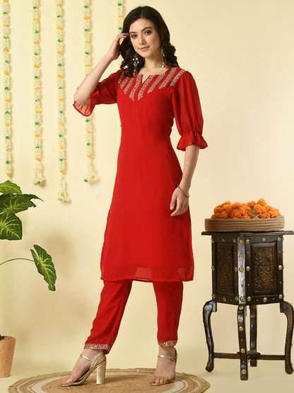 Myshka Women's Red Georgette Kurta With Trousers Party Sets - Distacart