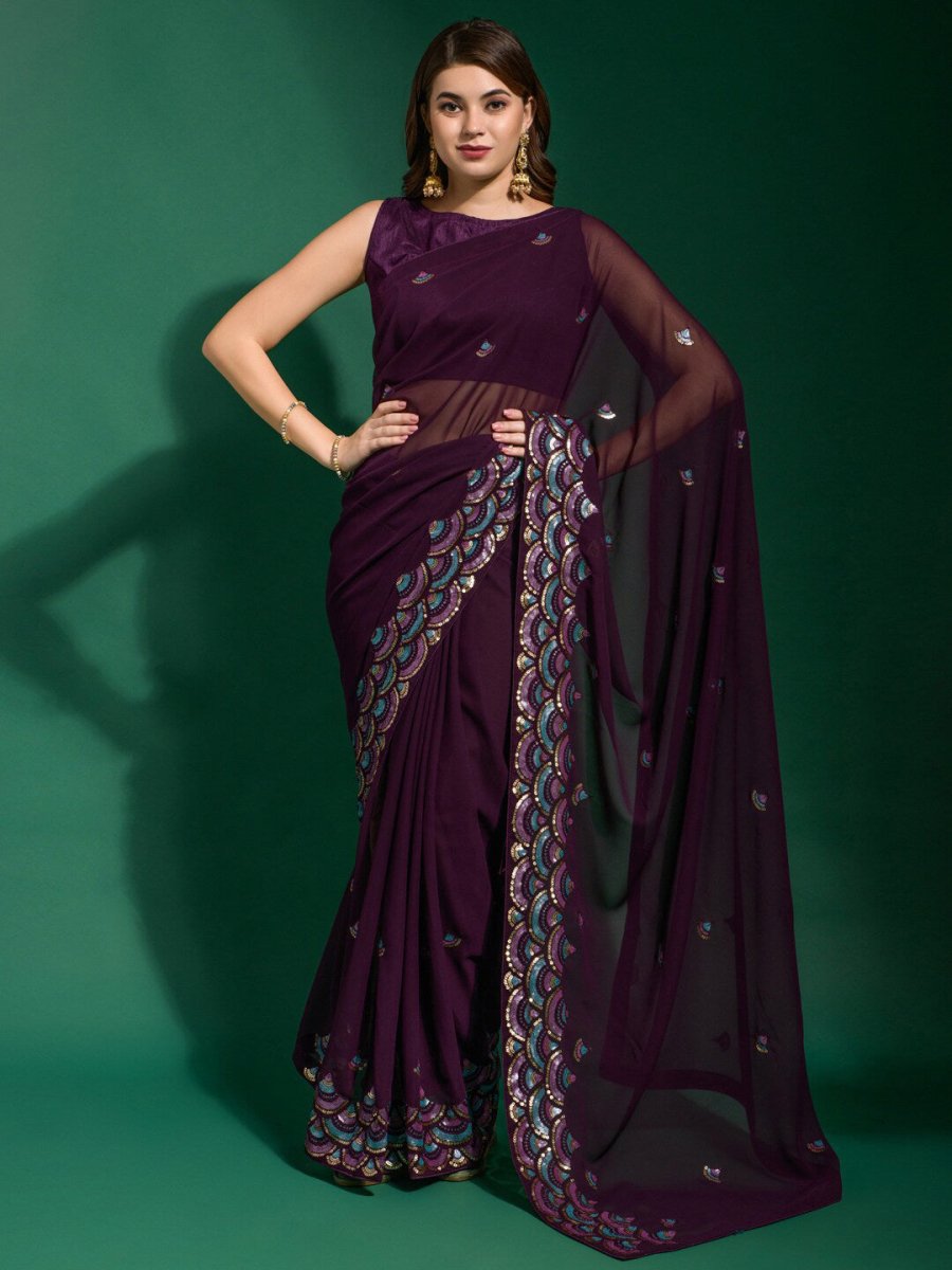 Anouk Purple & Blue Embellished Sequinned Saree - Distacart