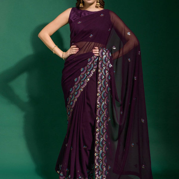 Anouk Purple & Blue Embellished Sequinned Saree - Distacart