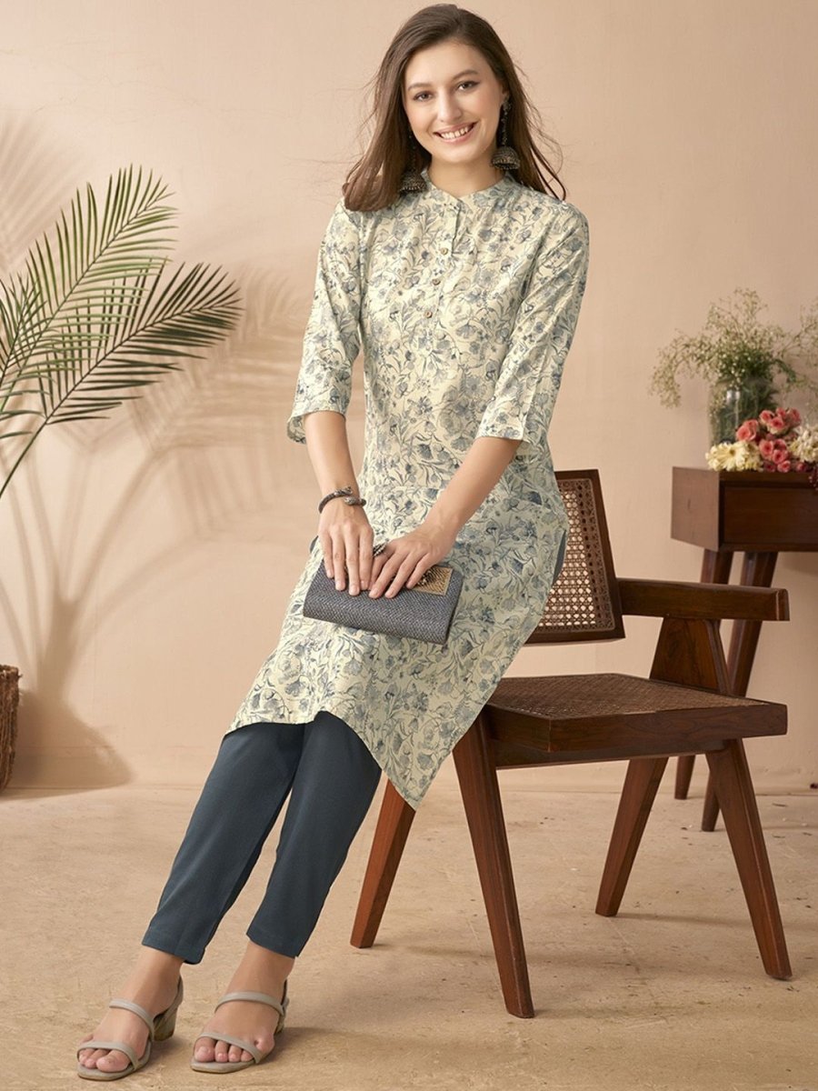 Anouk White & Blue Floral Printed Mandarin Collar Chanderi Silk Straight Kurta - Distacart