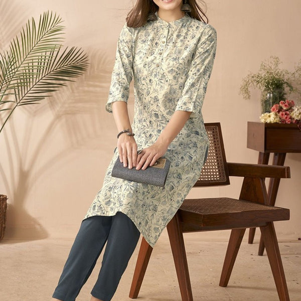 Anouk White & Blue Floral Printed Mandarin Collar Chanderi Silk Straight Kurta - Distacart