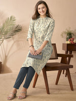 Thumbnail for Anouk White & Blue Floral Printed Mandarin Collar Chanderi Silk Straight Kurta - Distacart