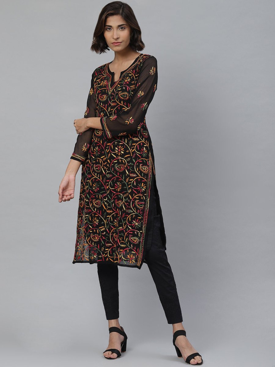 ADA Women Black & Mustard Yellow Chikankari Embroidered Sustainable Kurta with Trousers - Distacart