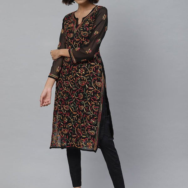 ADA Women Black & Mustard Yellow Chikankari Embroidered Sustainable Kurta with Trousers - Distacart
