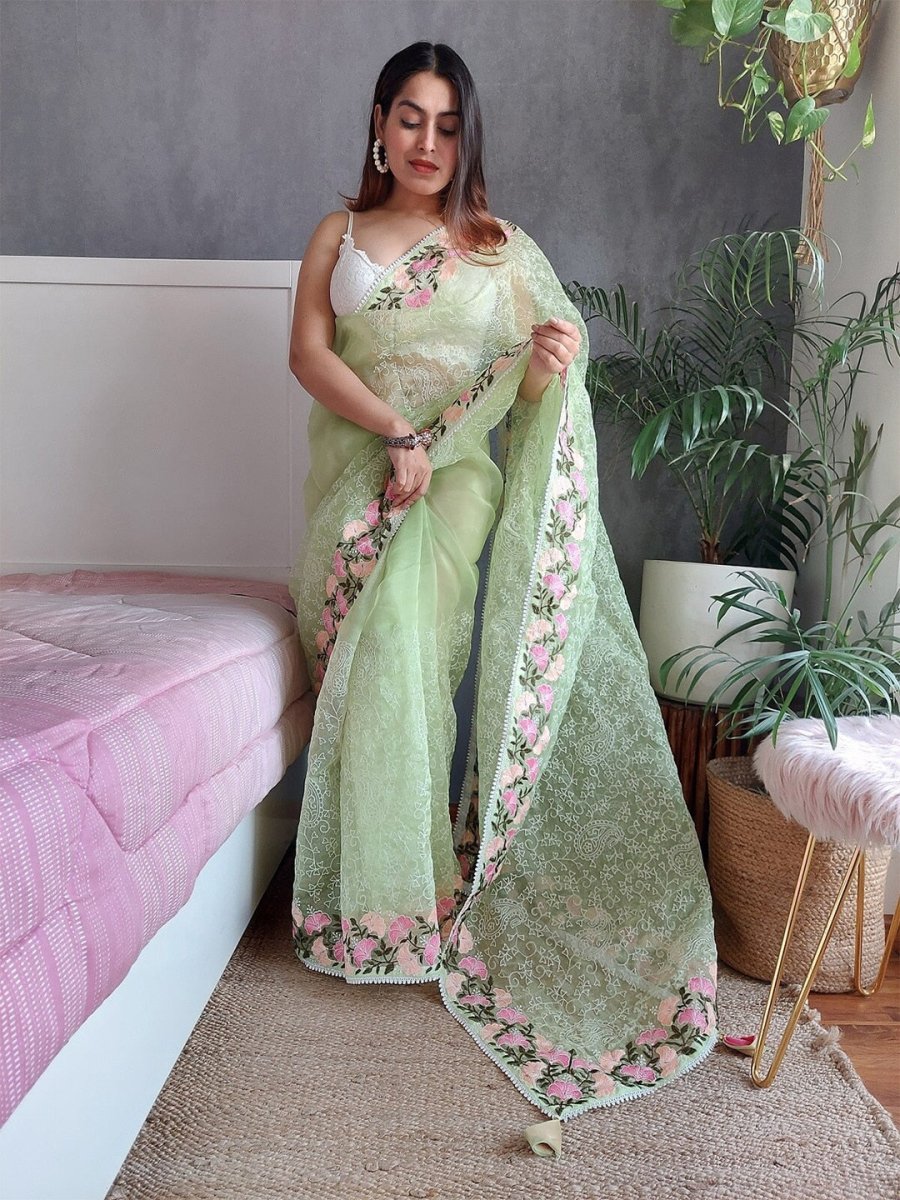 Anouk Green & Pink Floral Embroidered Organza Saree - Distacart