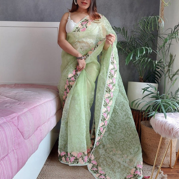 Anouk Green & Pink Floral Embroidered Organza Saree - Distacart