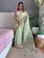 Thumbnail for Anouk Green & Pink Floral Embroidered Organza Saree - Distacart