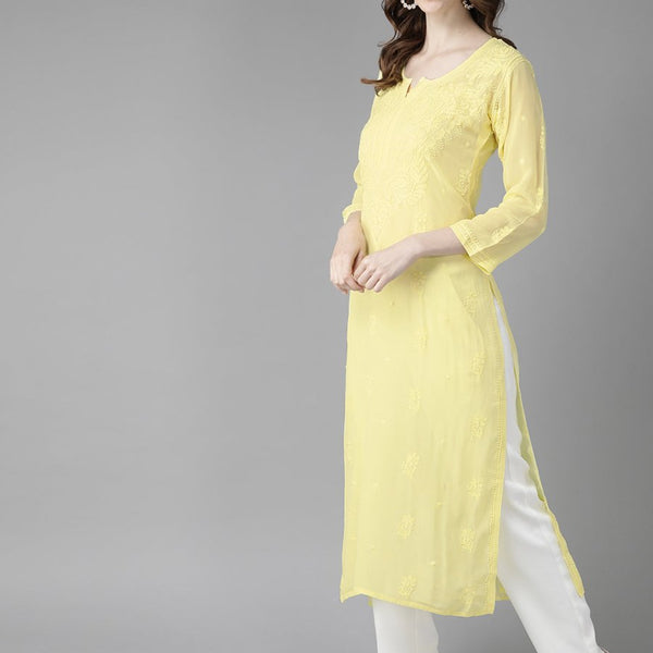 ADA Women Yellow Ethnic Motifs Embroidered Chikankari Georgette Handloom Kurta - Distacart