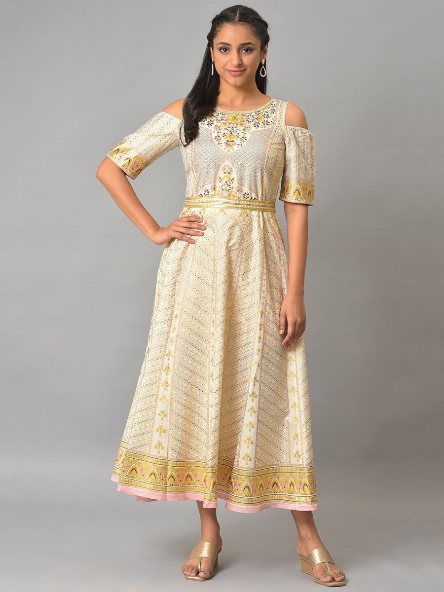 AURELIA Ethnic Motifs Printed Cold-Shoulder Sleeves Midi Fit & Flare Ethnic Dress - Distacart
