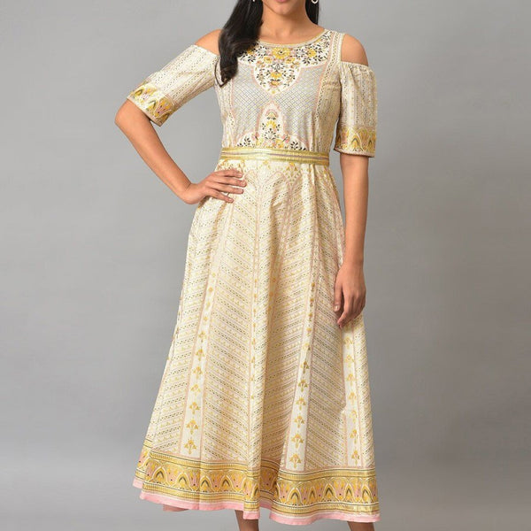 AURELIA Ethnic Motifs Printed Cold-Shoulder Sleeves Midi Fit & Flare Ethnic Dress - Distacart