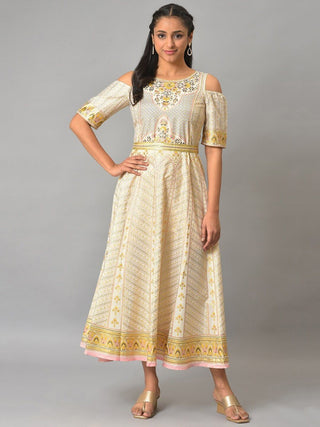AURELIA Ethnic Motifs Printed Cold-Shoulder Sleeves Midi Fit & Flare Ethnic Dress