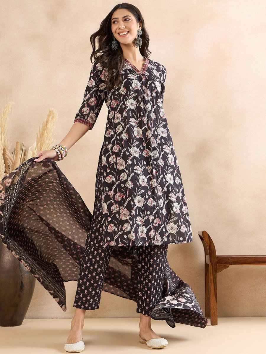 Anouk Black Floral Printed Thread Work Pure Cotton A-Line Kurta with Trousers & Dupatta - Distacart