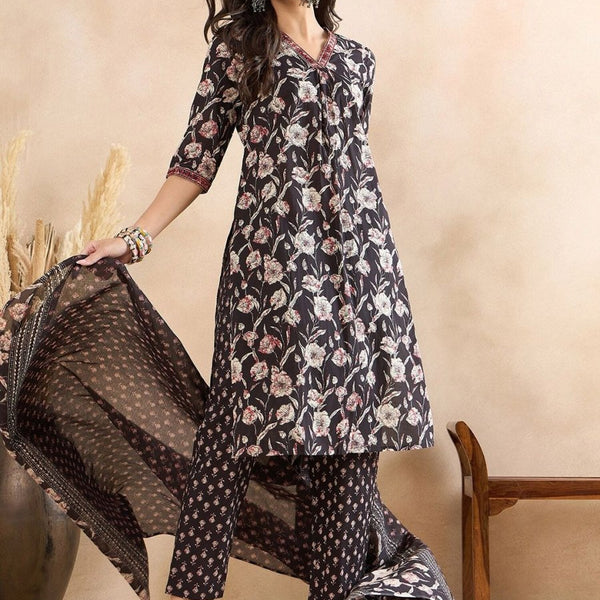 Anouk Black Floral Printed Thread Work Pure Cotton A-Line Kurta with Trousers & Dupatta - Distacart
