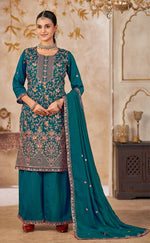 Thumbnail for Anaita Blue Vichitra Silk Readymade Palazzo Suit with Embroidery & Lace Work - Distacart