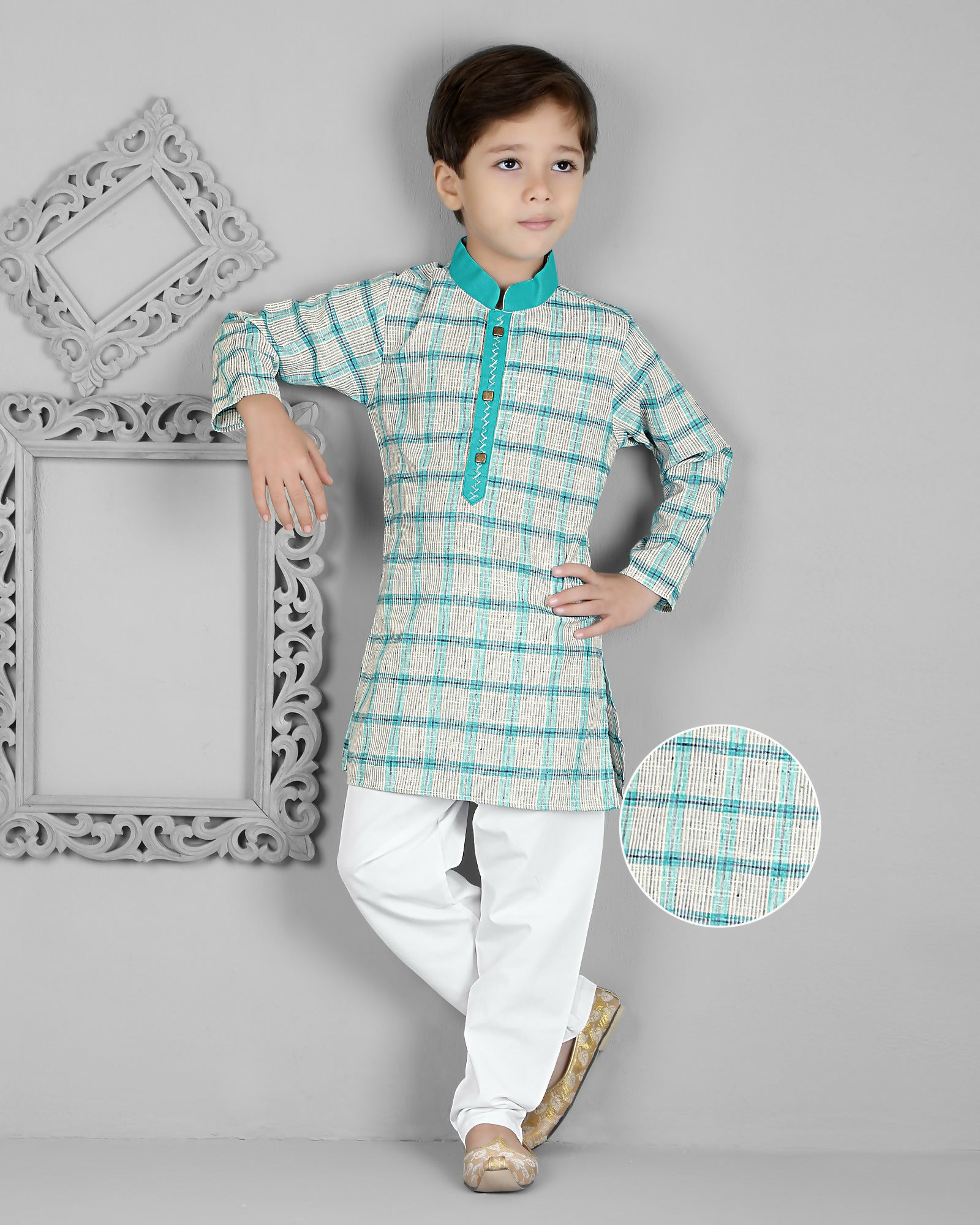 Joban Fashion Kids Island Cotton Full Sleeves Striped Kurta and Pyjama- Teal Blue - Distacart