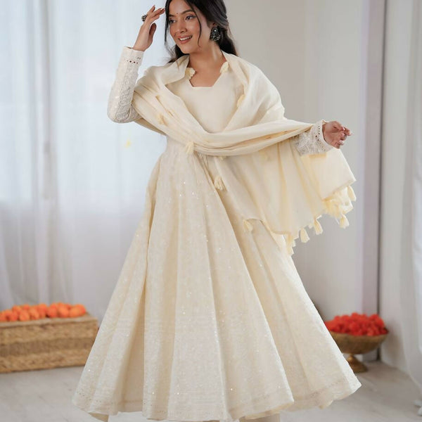 Teeya Creation Cream Kora Cotton Designer Embroidery Work long Gown - Distacart